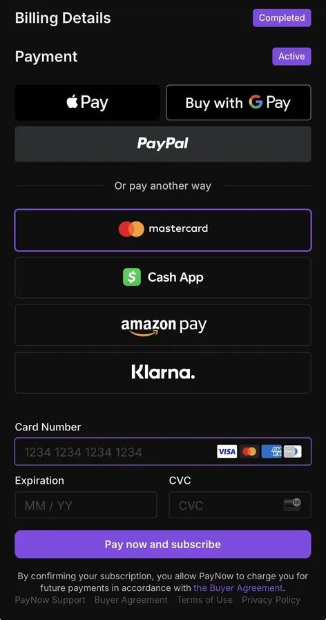 PayNow checkout on a phone, showing Apple Pay, Google Pay, PayPal, Cash App, Amazon Pay, Klarna and card entry
